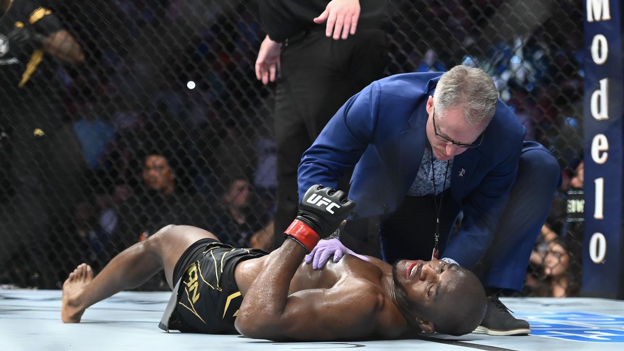 Kamaru Usman lays on the mat after losing to Leon Edwards.  Alex Goodlett/Getty Images/AFP
