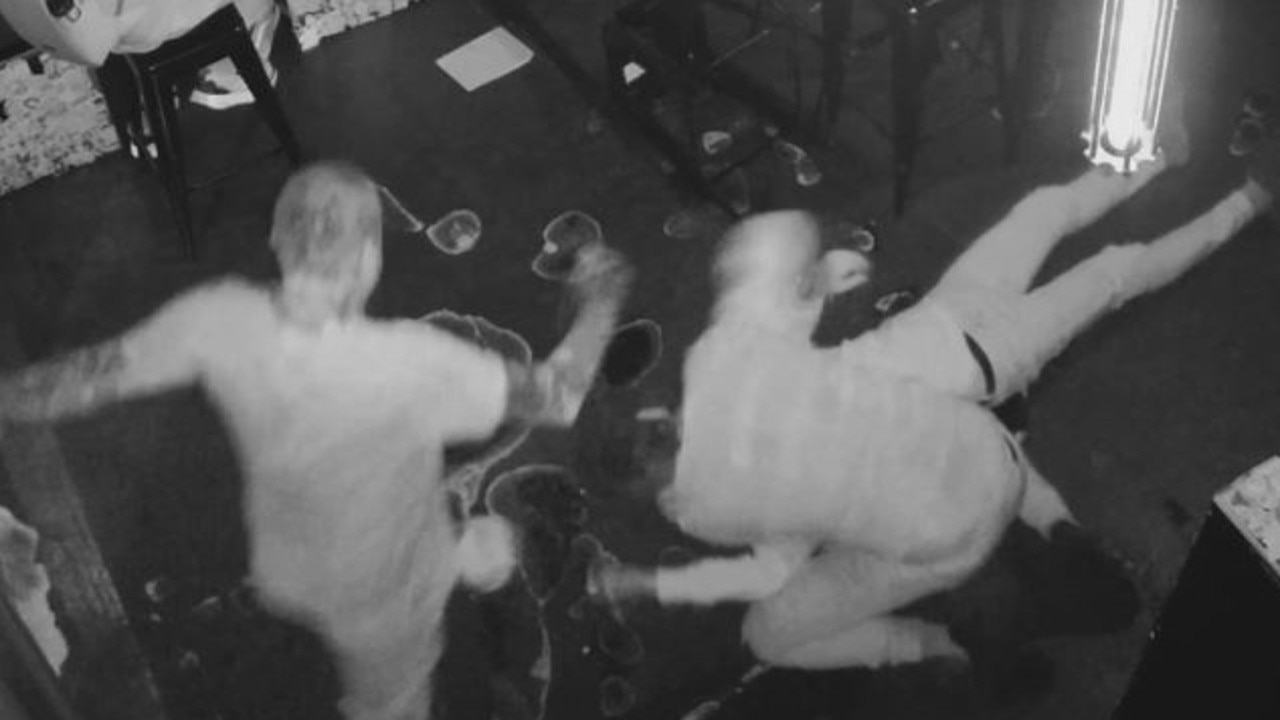 A screenshot from Manhattan Bar's CCTV, showing Bandido bikies Matthew Rizzo and Toby Elvey brutally assaulting a man. Picture: Magistrates' Court of Victoria.