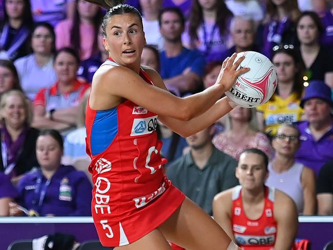 BRISBANE, AUSTRALIA - APRIL 28: Maddy Proud of the Swifts in action during the round three Super Netball match between Queensland Firebirds and NSW Swifts at Nissan Arena, on April 28, 2024, in Brisbane, Australia. (Photo by Albert Perez/Getty Images)