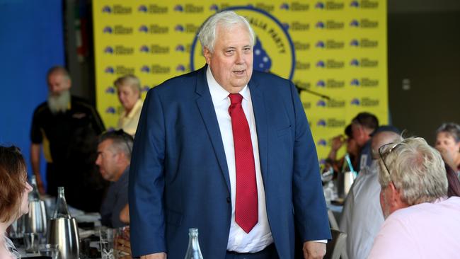 Clive Palmer talks with guests during a United Australia Party function. He’s currently spending more than a million dollars a month on advertising. Picture: Stewart McLean