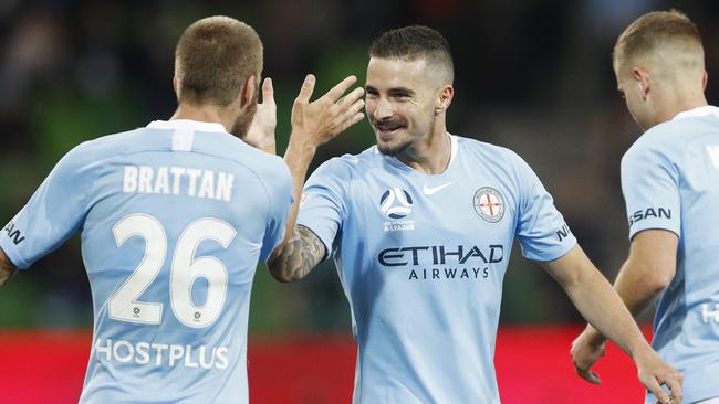 Jamie Maclaren celebrates his first goal for Melbourne City. Picture: AAP