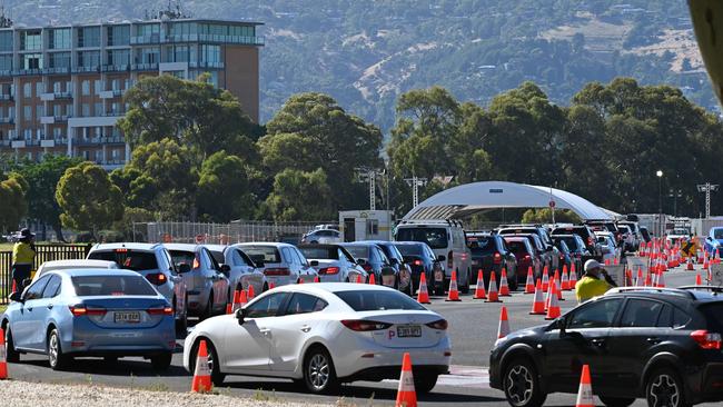 Cars lining up at the Victoria Park Pakapakanthi COVID-19 drive-through testing clinic. Picture: NCA NewsWire / Naomi Jellicoe