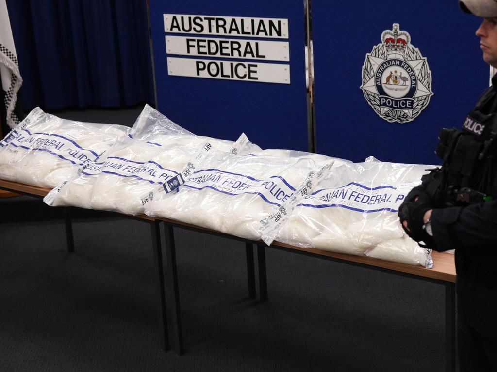 150kg of crystal methamphetamine on display for a media announcement in the Goulburn St high rise. Picture: Cameron Richardson