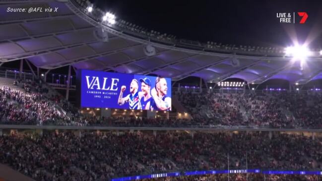 Senior Freo players tear up during emotional Cam McCarthy tribute