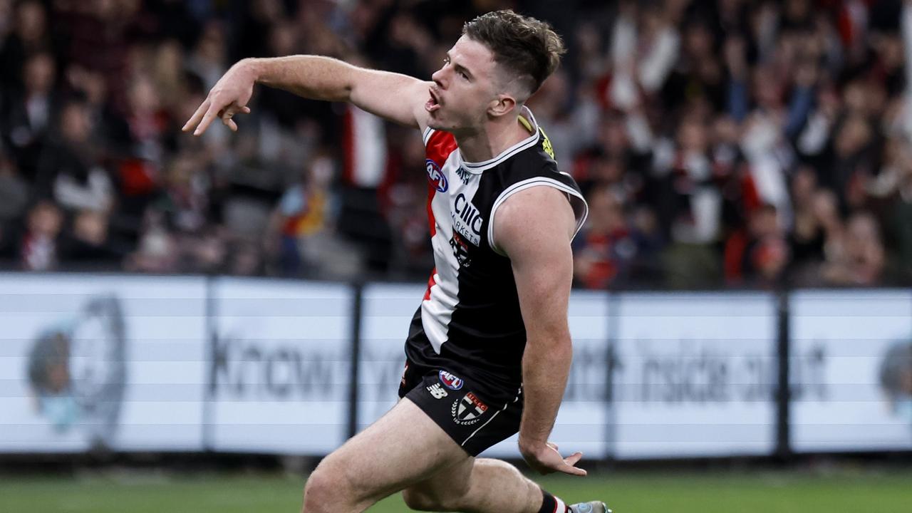 MELBOURNE, AUSTRALIA - AUGUST 19: Jack Higgins of the Saints celebrates a goal during the round 23 AFL match between St Kilda Saints and Geelong Cats at Marvel Stadium, on August 19, 2023, in Melbourne, Australia. (Photo by Darrian Traynor/Getty Images)