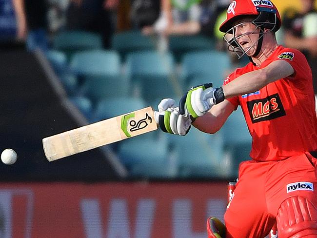 Renegades’ Sam Harper hits a boundary. Picture: AAP