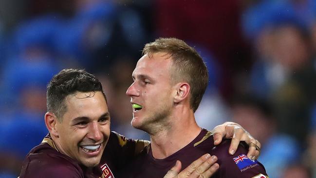 Billy Slater congratulates Daly Cherry-Evans in Origin three. Picture: Cameron Spencer/Getty Images