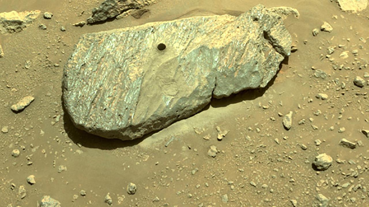 This Martian rock shows the drill hole from where the Perseverance rover successfully collected its sample. Picture: AFP Photo/NASA/JPL-Caltech
