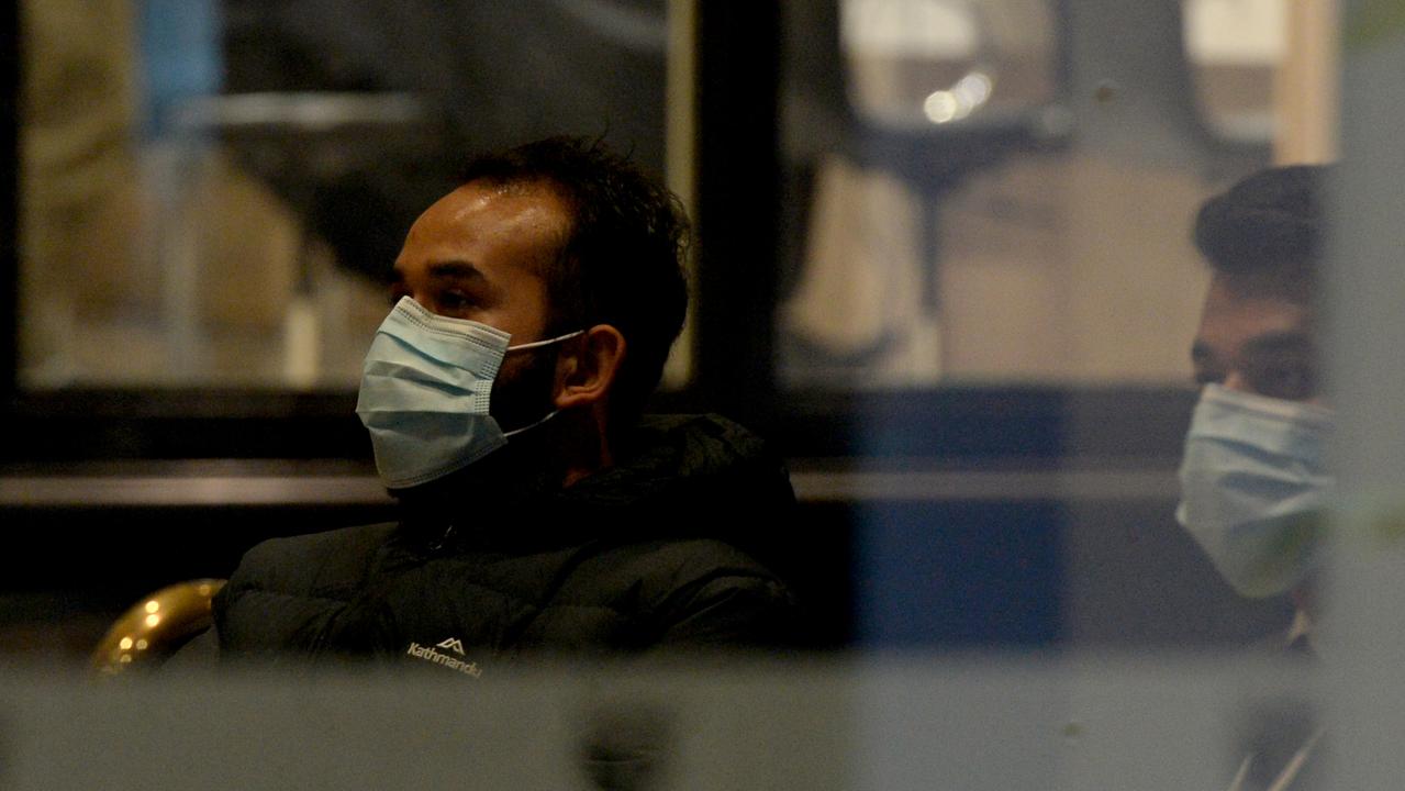 Security guards at the Stanford Hotel in Melbourne, which has been linked to a COVID-19 cluster for quarantined international arrivals. Picture: NCA NewsWire / Andrew Henshaw.