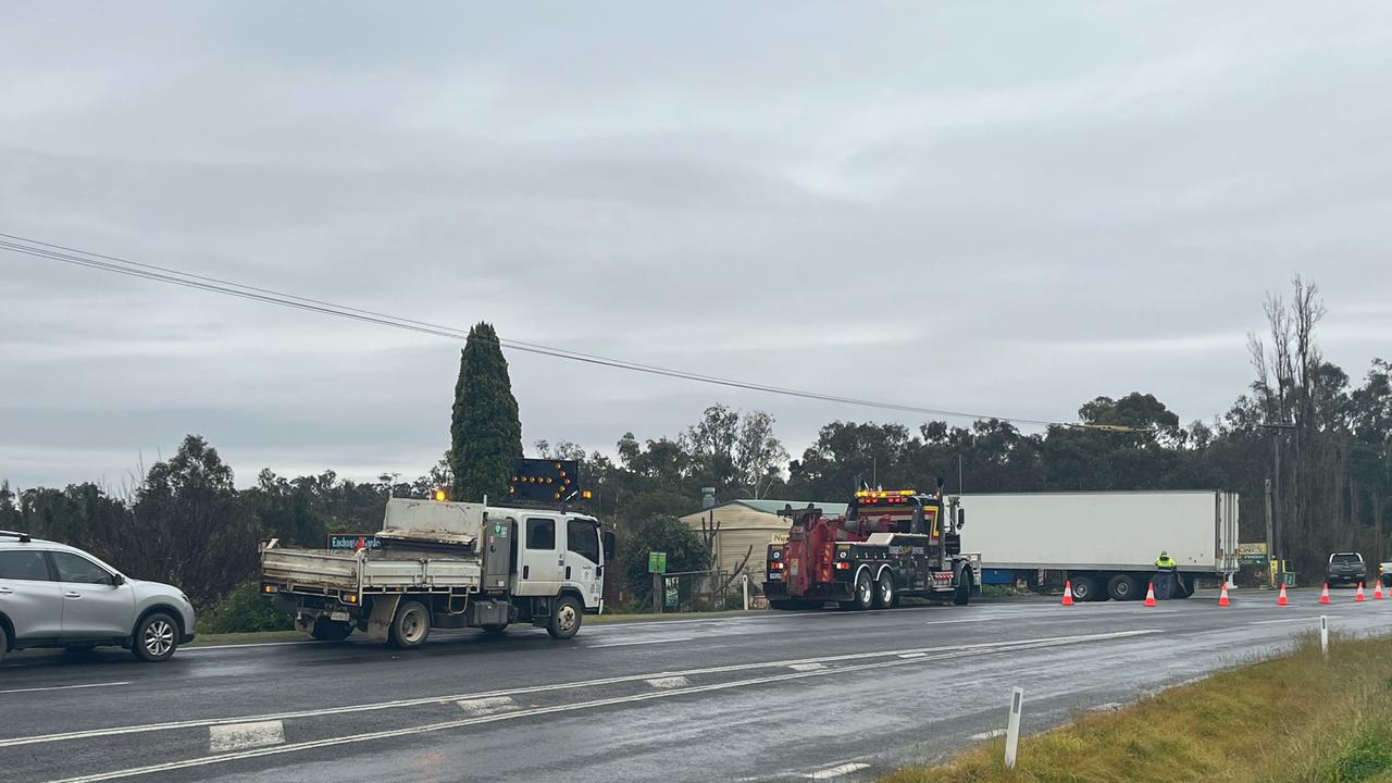 A stretch of Alexandria Drive is down to one lane after a truck crashed into Enchanted Garden Nursery. Photo/Jessica Paul
