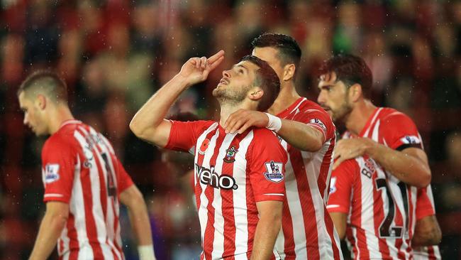 Shane Long of Southampton celebrates scoring a goal.