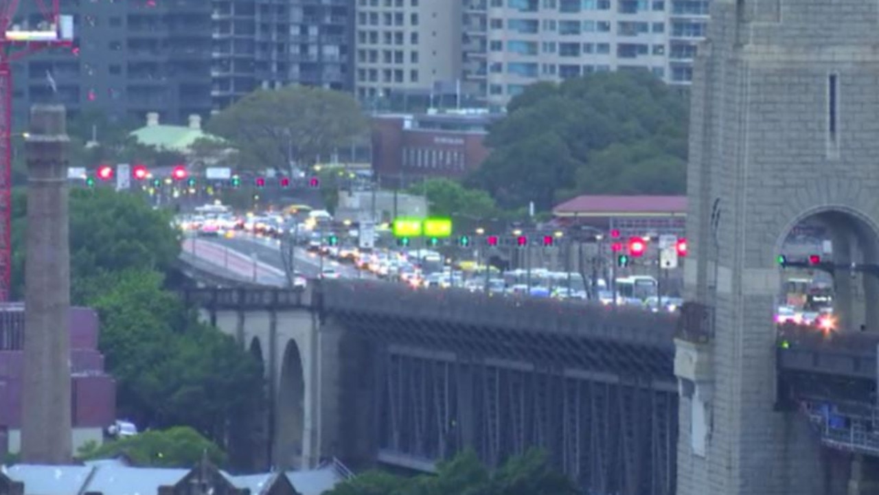 A police operation is underway on the Sydney Harbour Bridge, causing commuter chaos and large delays. Picture: 7NEWS