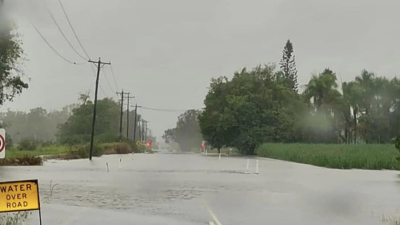 Marian Eton Rd at Sandy Creek as rain continues to hammer the region. Picture: Emma Hayles