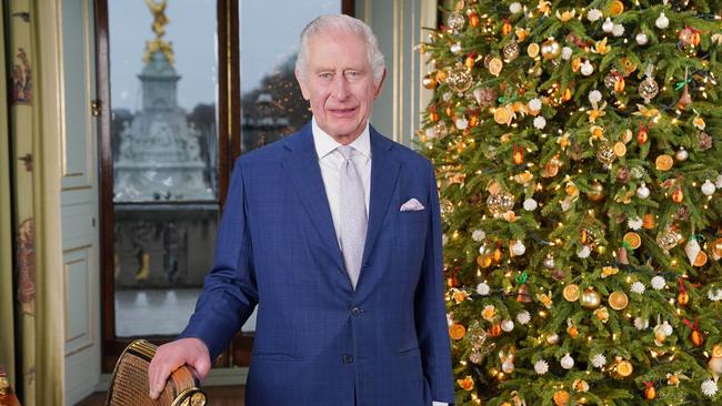 King Charles during the recording of his Christmas message. Picture: Getty Images