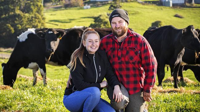 Dairy farmers Aaron Ferguson and Gabby Mathews at Calder. Picture Chris Kidd