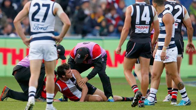 Dylan Roberton collapsed on the field against Geelong and missed the rest of the season. Picture: Getty