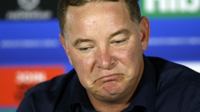 Knights coach Adam O'Brien at the post match press conference after the Round 5 NRL match between the Newcastle Knight and the Melbourne Storm at Central Coast Stadium in Gosford, Saturday, June 13, 2020. (AAP Image/Darren Pateman) NO ARCHIVING, EDITORIAL USE ONLY