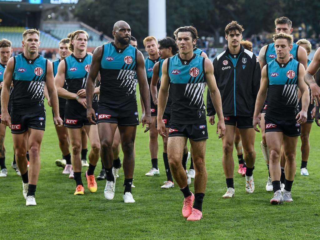 Connor Rozee leads the Power off the field on Saturday. Picture: Mark Brake/Getty Images.