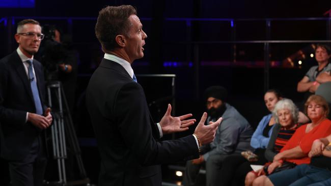 Labor leader Chris Minns (right) won the votes over Premier Dominic Perrottet at the Sky News/Daily Telegraph People’s Forum on Wednesday. Picture: Justin Lloyd.