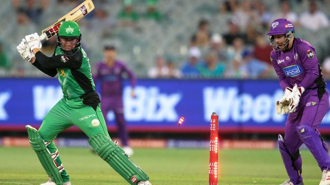 Ben Dunk of the Melbourne Stars is bowled by D'Arcy Short. Picture: AAP