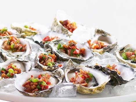 Oysters with chilli and bacon.