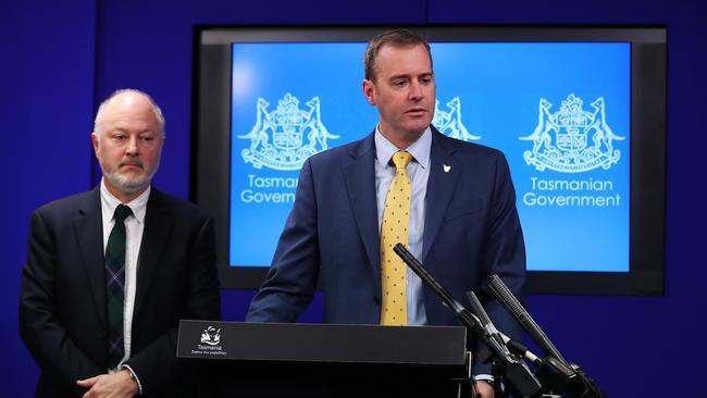 Health Minister Michael Ferguson and Public Health director Mark Veitch announce the extension of the free meningococcal vaccination program. Picture: NIKKI DAVIS-JONES