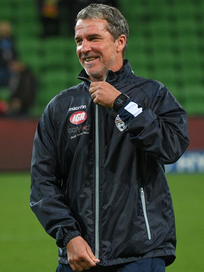 delaide United coach Marco Kurz is all smiles after Saturday’s 0-0 draw against Melbourne City at AAMI Park. Picture: Vince Caligiuri/Getty Images