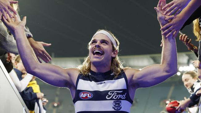 NCA. MELBOURNE, AUSTRALIA. May 3rd, 2025 . AFL .  Round 8.  Collingwood vs Geelong at the MCG.   Bailey Smith of the Cats after tonights win    . Picture: Michael Klein
