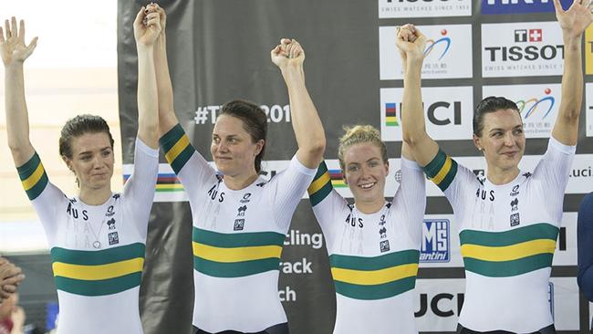 Australians Ashlee Ankudinoff, Amy Cure, Alex Manly and Rebecca Wiasak after winning silver at the 2017 World Championships in Hong Kong in the Women’s Team Pursuit. Picture: Casey Gibson