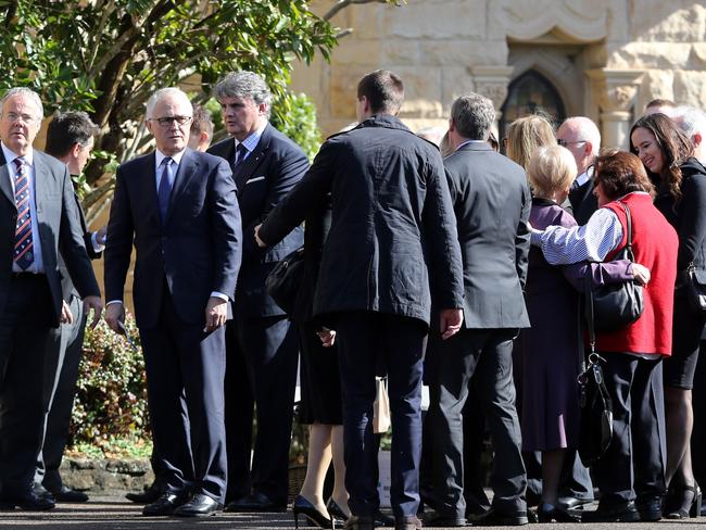 Prime Minister Malcolm Turnbull (second from left) at Stuart Kelly’s funeral. Picture: Craig Greenhill