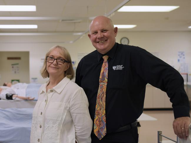 Dr Dianne Stephens and Charles Darwin University Vice Chancellor Scott Bowman in the nurse training labs that they hope will be part of a Medical School in coming years. Picture: (A)manda Parkinson