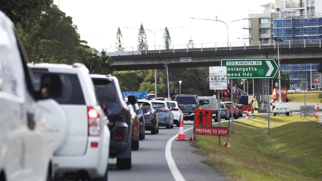 Traffic at the New South Wales-Queensland border at Coolangatta. Picture: Nigel Hallett