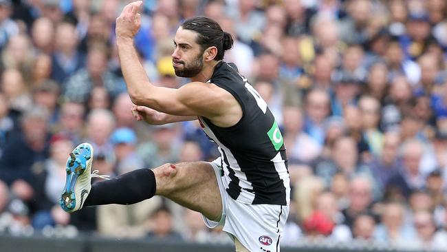 Brodie Grundy worked his way into the game without having a big impact. Pic: Michael Klein