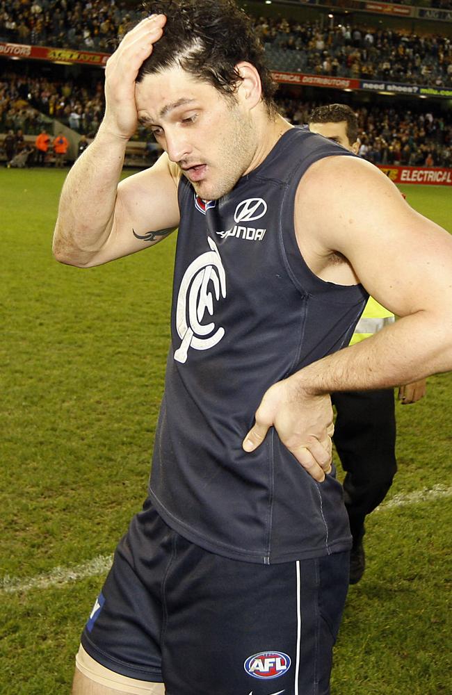 Brendan Fevola takes a deep breath after coming up short of the magical three-figure mark.