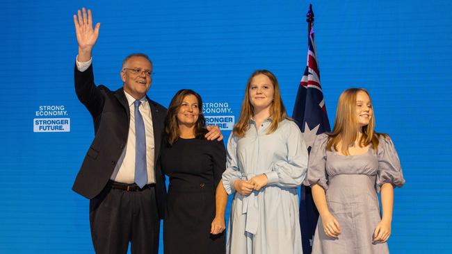 Prime Minister Scott Morrison appeared at Sunday’s launch with wife Jenny and daughters Abbey and Lily. Picture: Jason Edwards