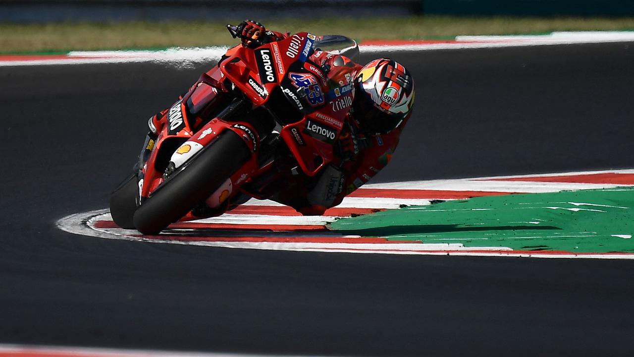 Ducati Lenovo Racing team Australian rider Jack Miller rides his motorbike during a free practice session of the San Marini MotoGP Grand Prix at the Misano World Circuit Marco-Simoncelli in Misano Adriatico on September 02, 2022. (Photo by Filippo MONTEFORTE / AFP)