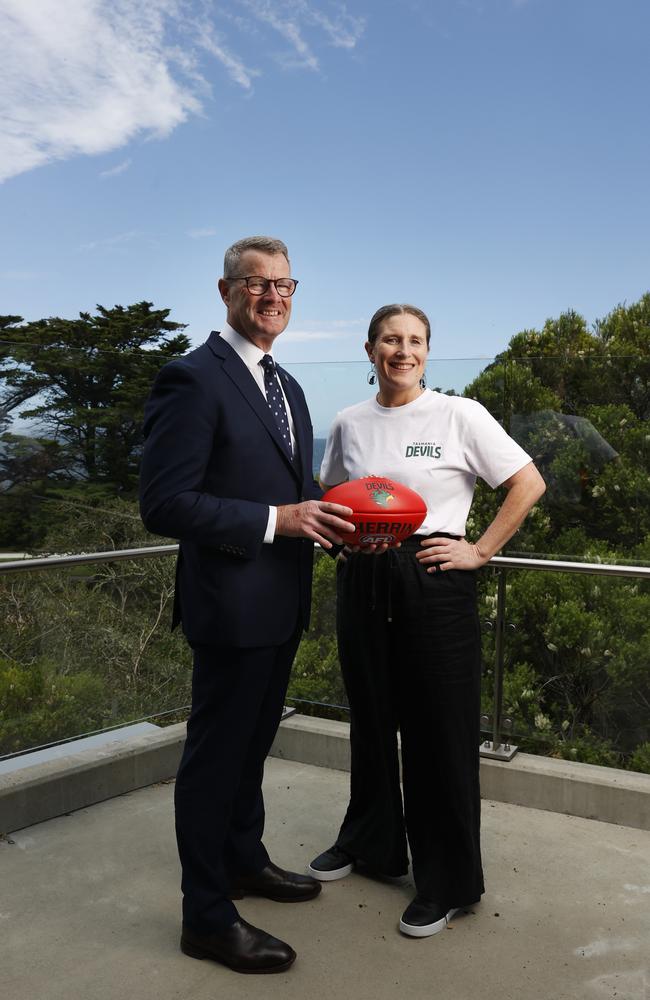 Grant O'Brien chair with Kath McCann executive director. Tasmania Football Club year in review. Picture: Nikki Davis-Jones