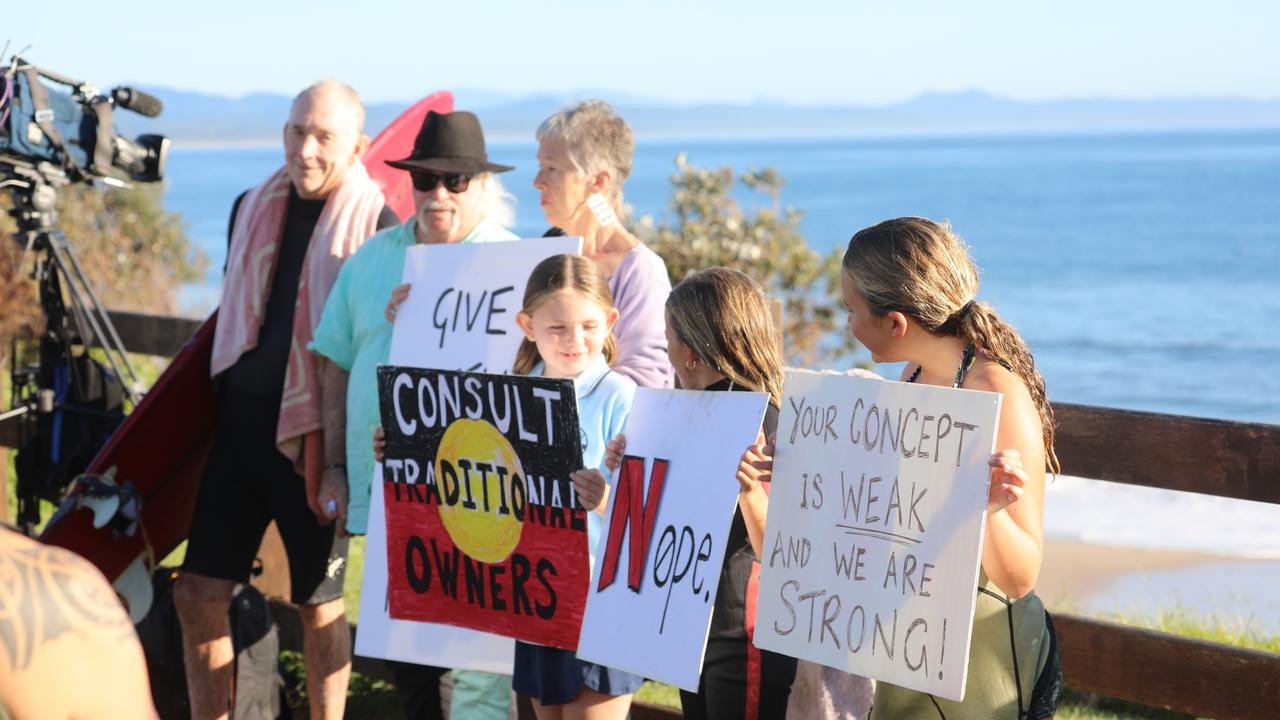 Members of the public took part in a paddle-out at Byron Bay's Main Beach to protest against the planned Netflix reality show Byron Baes on the morning of Tuesday, April 20, 2021. Picture: Liana Boss