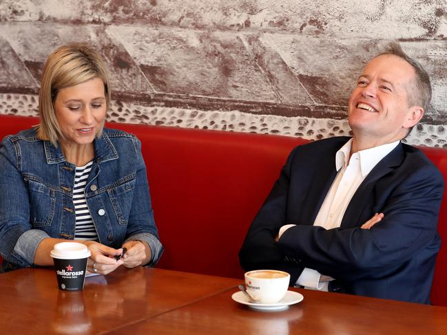 The Leader of the Opposition Bill Shorten with Member Elect Susan Lamb at a cafe in Narangba. Picture: Liam Kidston