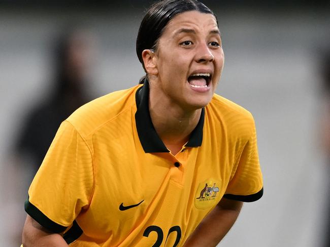 SYDNEY, AUSTRALIA - FEBRUARY 19: Sam Kerr of Australia calls out during the Cup of Nations women's football match between the Australian Matildas and Spain at CommBank Stadium on February 19, 2023 in Sydney, Australia. (Photo by Steven Markham/Icon Sportswire via Getty Images)