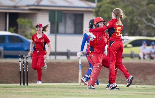 South Australia's Kylie Rattray and Taylah Gregory celebrate the stumping of Kaia Arua, EAP.