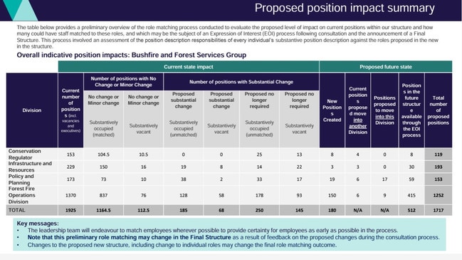 Victorian Government document showing 208 staff to be cut from its Bushfire and Forest Service Group, from the current 1925 to 1717.