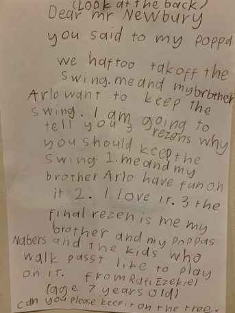 Rafi, 7, has written an touching letter to his local MP begging for help to keep the swing.