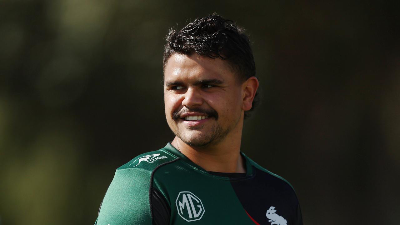SYDNEY, AUSTRALIA – AUGUST 29: Latrell Mitchell smiles during a South Sydney Rabbitohs NRL Training Session at USANA Rabbitohs Centre on August 29, 2023 in Sydney, Australia. (Photo by Mark Metcalfe/Getty Images)