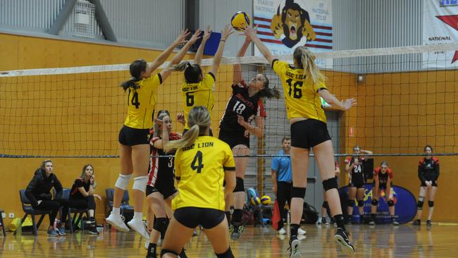 Action from the 2020 Volleyball SA League women’s grand final between USC Lion and South Adelaide. US Lion was victorious, three sets to one. Picture: Michael Marschall