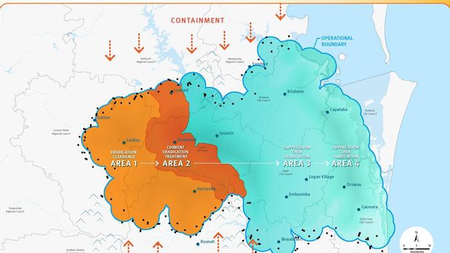 A map including in Gold Coast City Council documents from Biosecurity Queensland showing treatment areas for the Fire Ant Eradication Program. Photo: Biosecurity Queensland