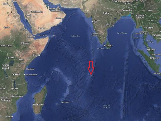 The Chagos Islands are a tiny archipelago at the arrow point here, in the middle of the Indian Ocean. Mauritius itself is hundreds of kilometres to the southwest.