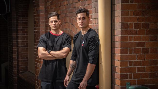 Parkour twins Dylan (left) and Brodie Pawson at the Brisbane Showgrounds. Picture: Brad Fleet