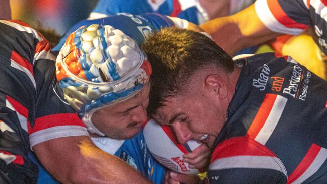 Manly player Albert Ingleton locks horns with an Easts player in round five. Pictures: Julian Andrews