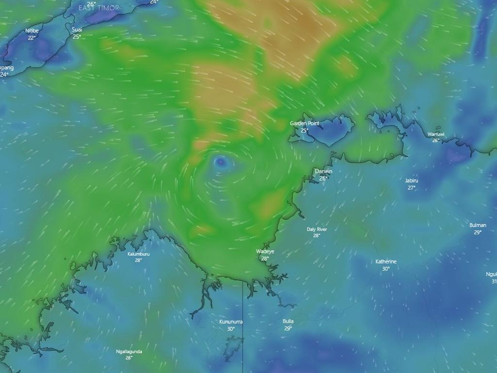 A wind map of a potential tropical cyclone forming on Top End shores, captured on 11am Thursday February 24. Picture Windy.com.